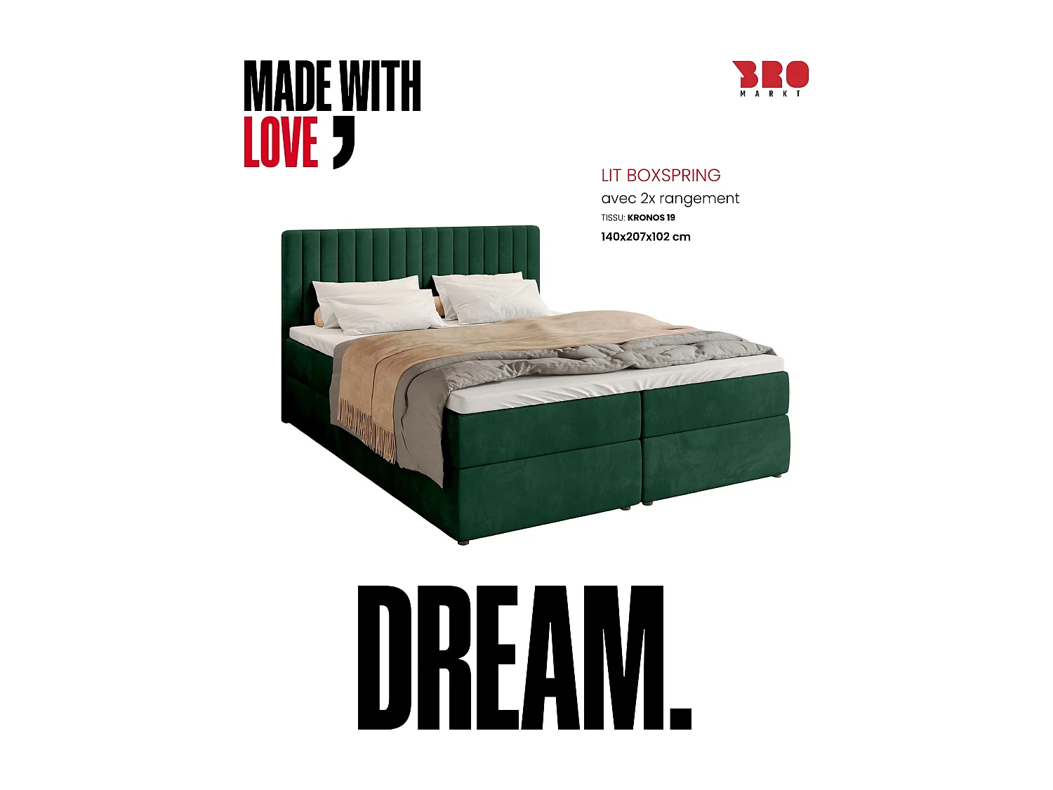 Lit boxspring avec rangement DREAM - matelas - surmatelas - vert - 140x200 cm