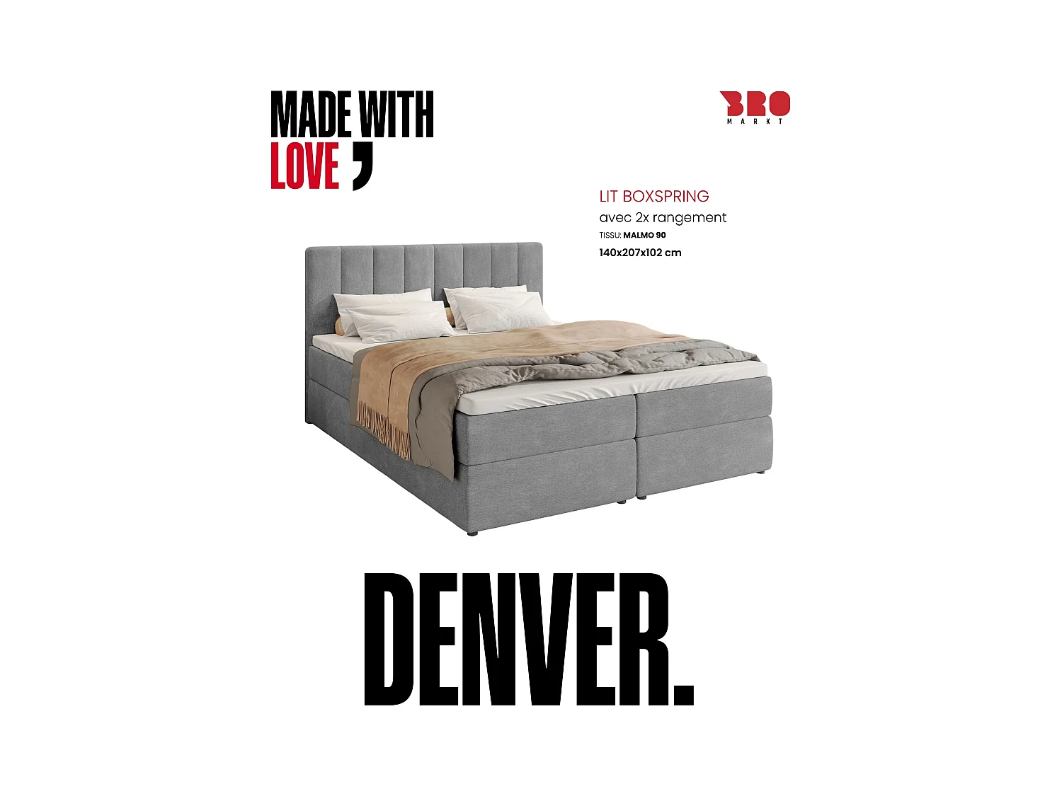 Boxspringbed met hoofdeinde, matras en dekmatras - DENVER - 140x200 - grijs