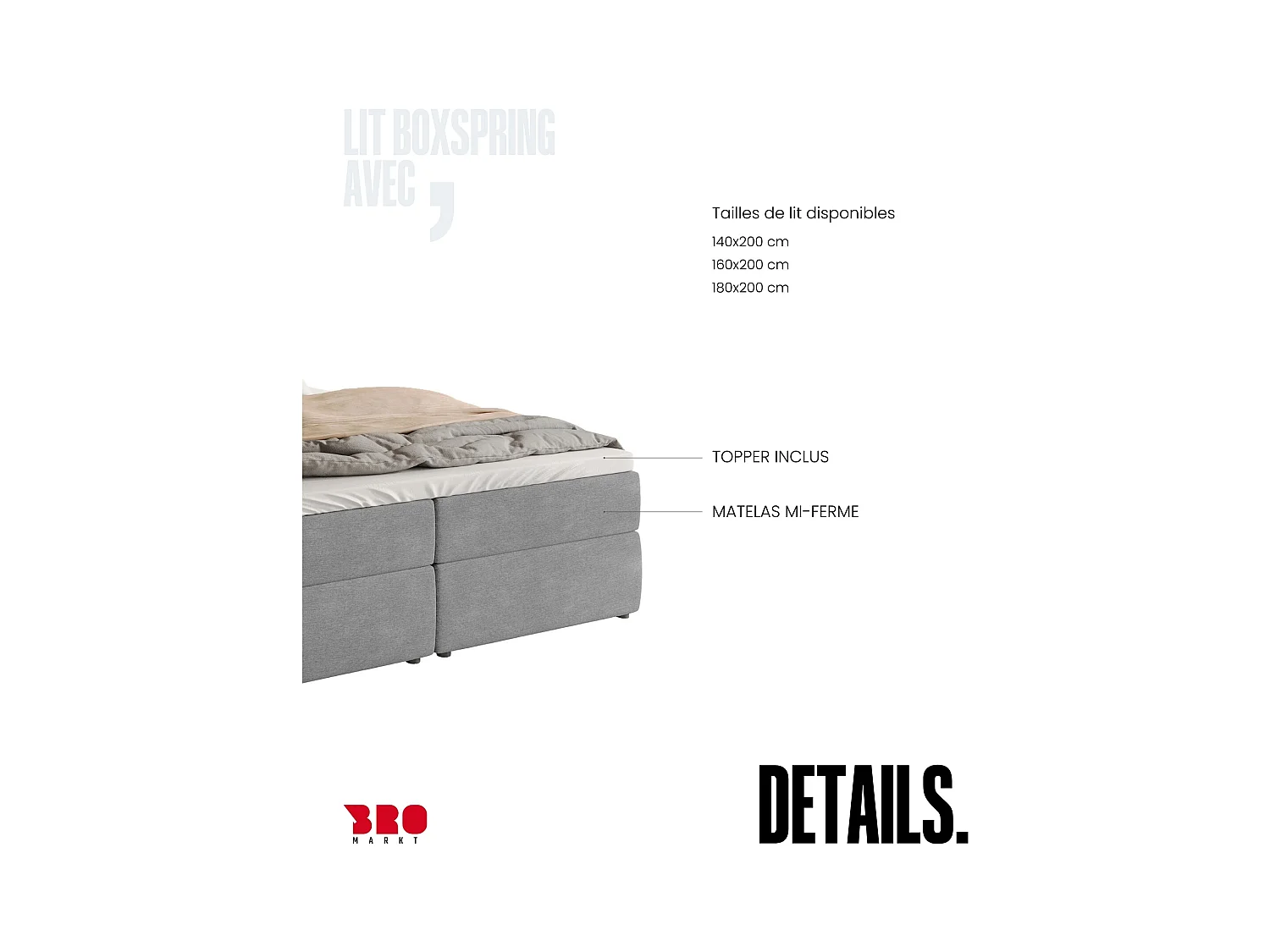 Boxspringbed met hoofdeinde, matras en dekmatras - DENVER - 140x200 - grijs