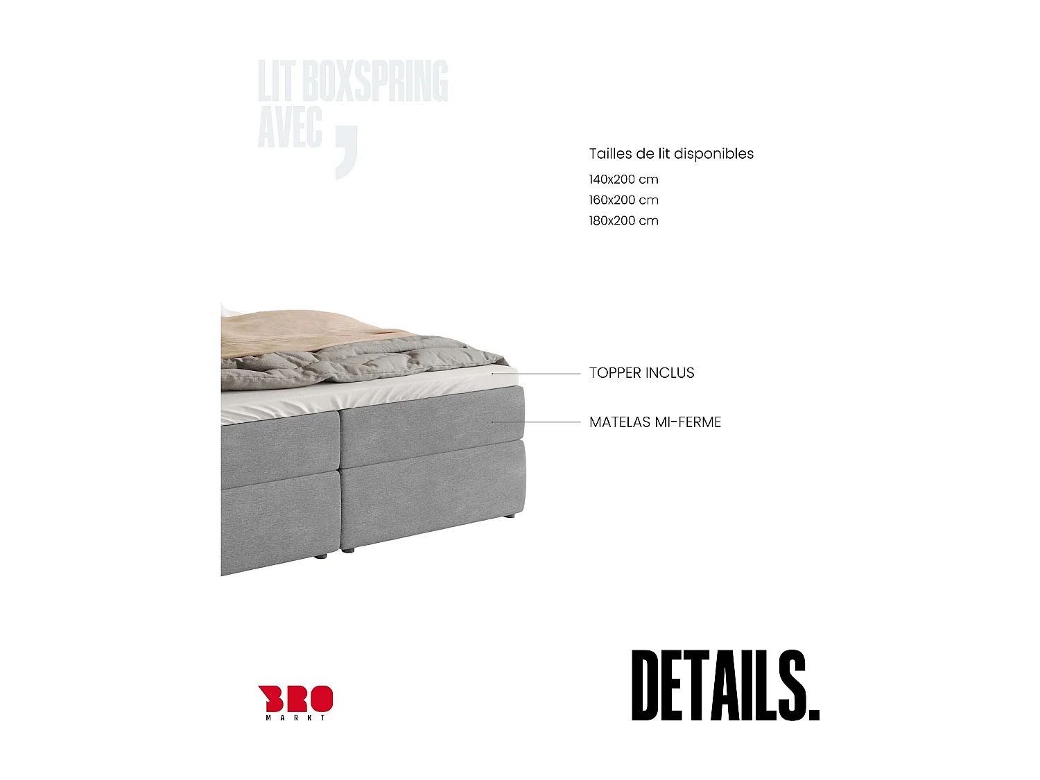 Lit boxspring avec rangement DENVER - matelas - surmatelas - gris - 140x200 cm