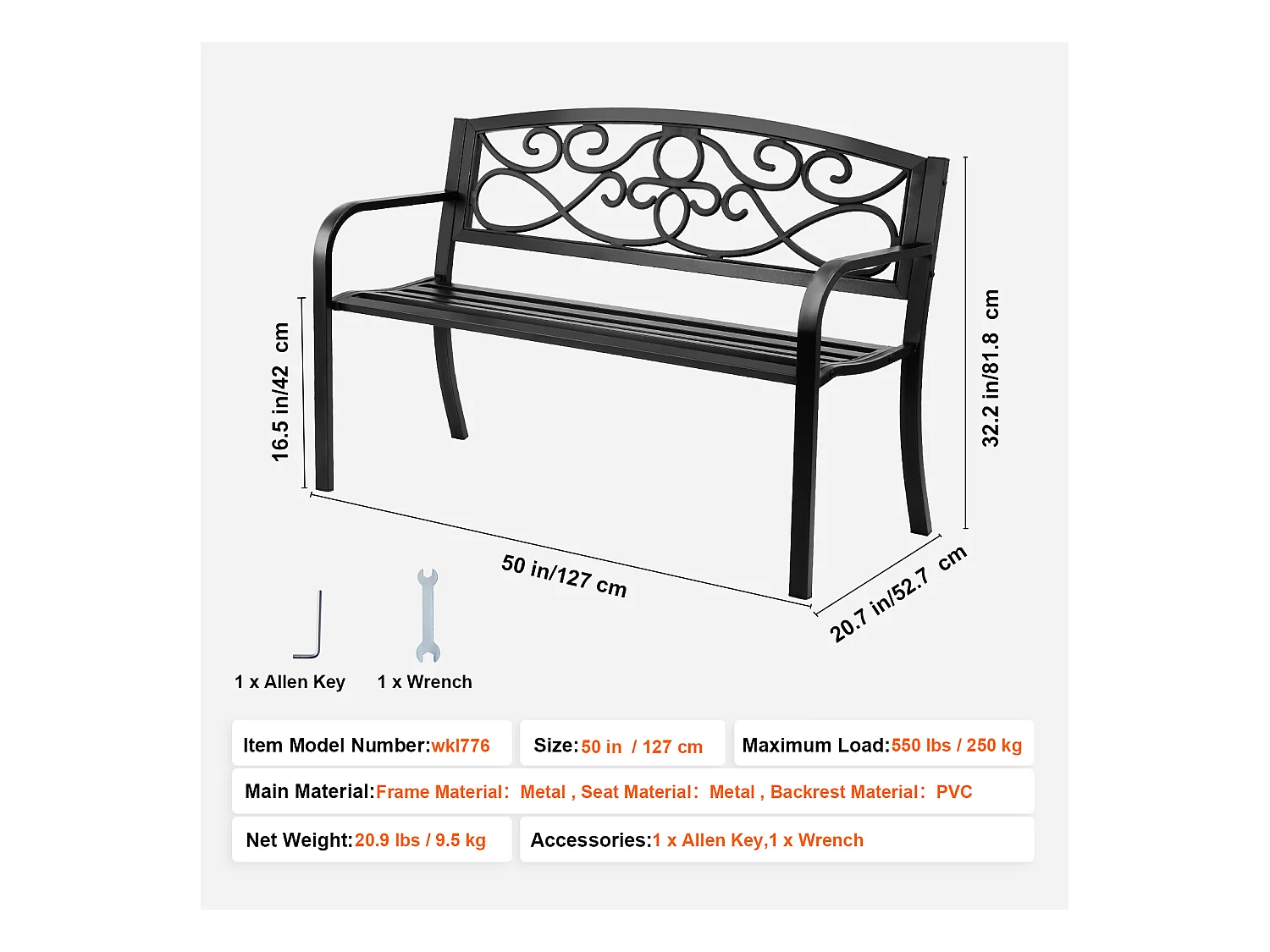 Banc d'Extérieur SucceBuy Banc de Jardin en Métal de 127cm, 250 kg pour Patio, Cour, Porche - Gris