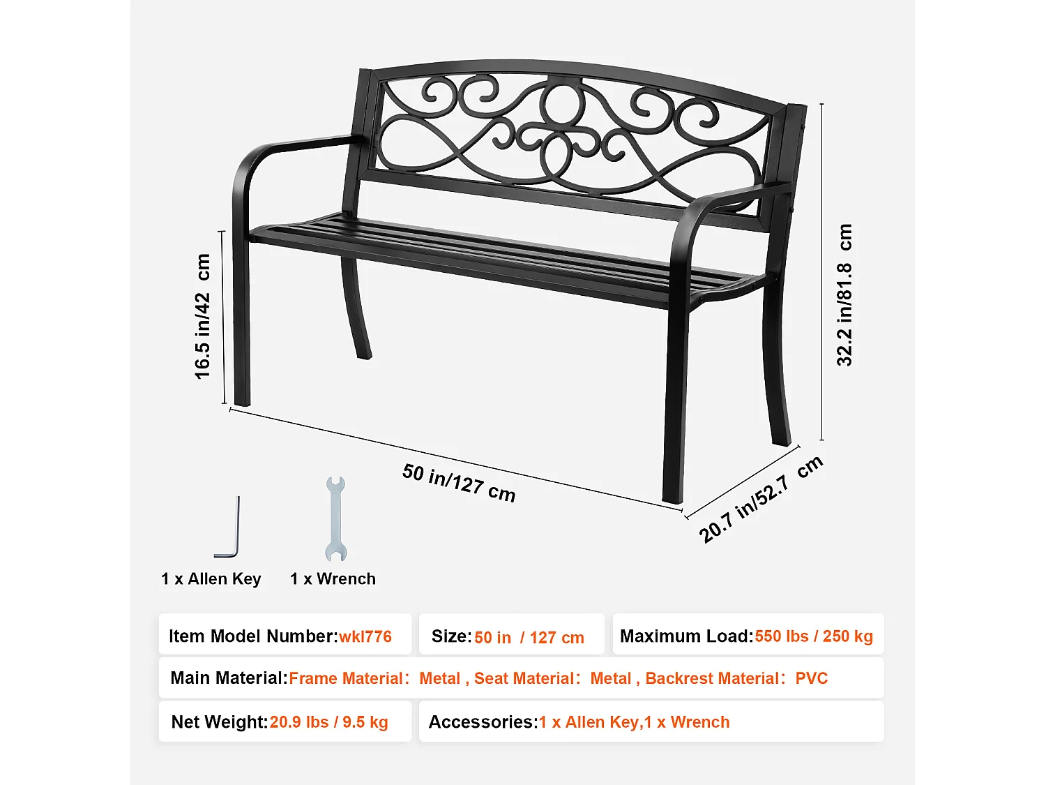 Banc d'Extérieur SucceBuy Banc de Jardin en Métal de 127cm, 250 kg pour Patio, Cour, Porche - Gris