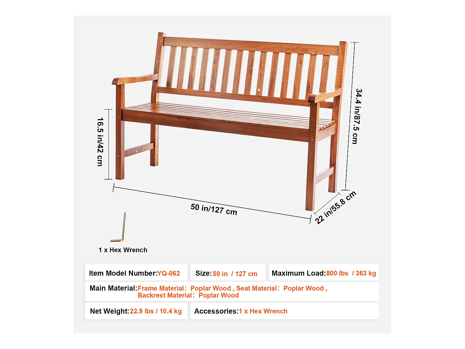 Banc Exterieur Jardin en Bois SucceBuy de 127cm, Capacité de Charge de 363 kg, Sièges d'Extérieur pour la Cour et la Véranda