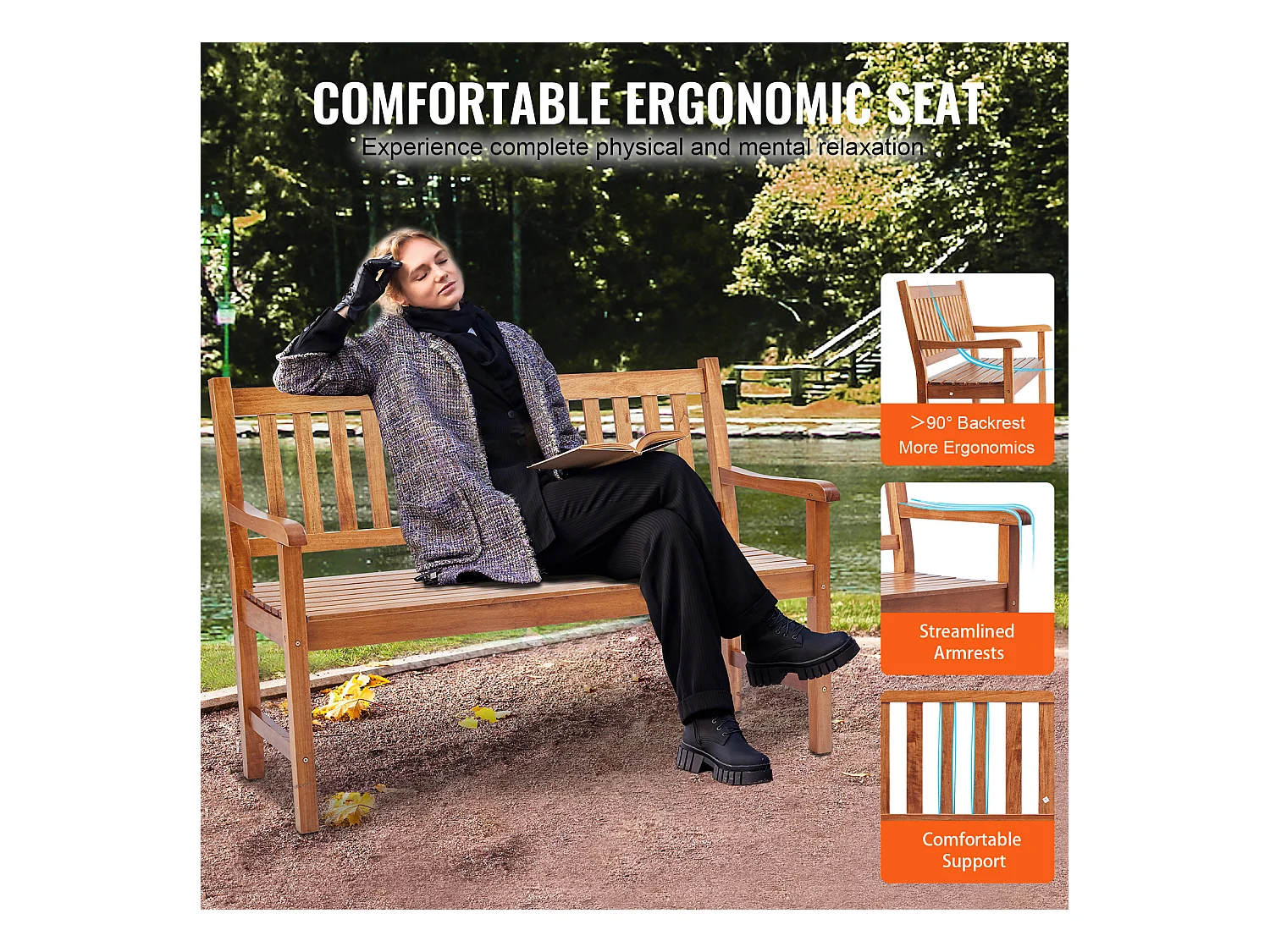 Banc Exterieur Jardin en Bois SucceBuy de 127cm, Capacité de Charge de 363 kg, Sièges d'Extérieur pour la Cour et la Véranda