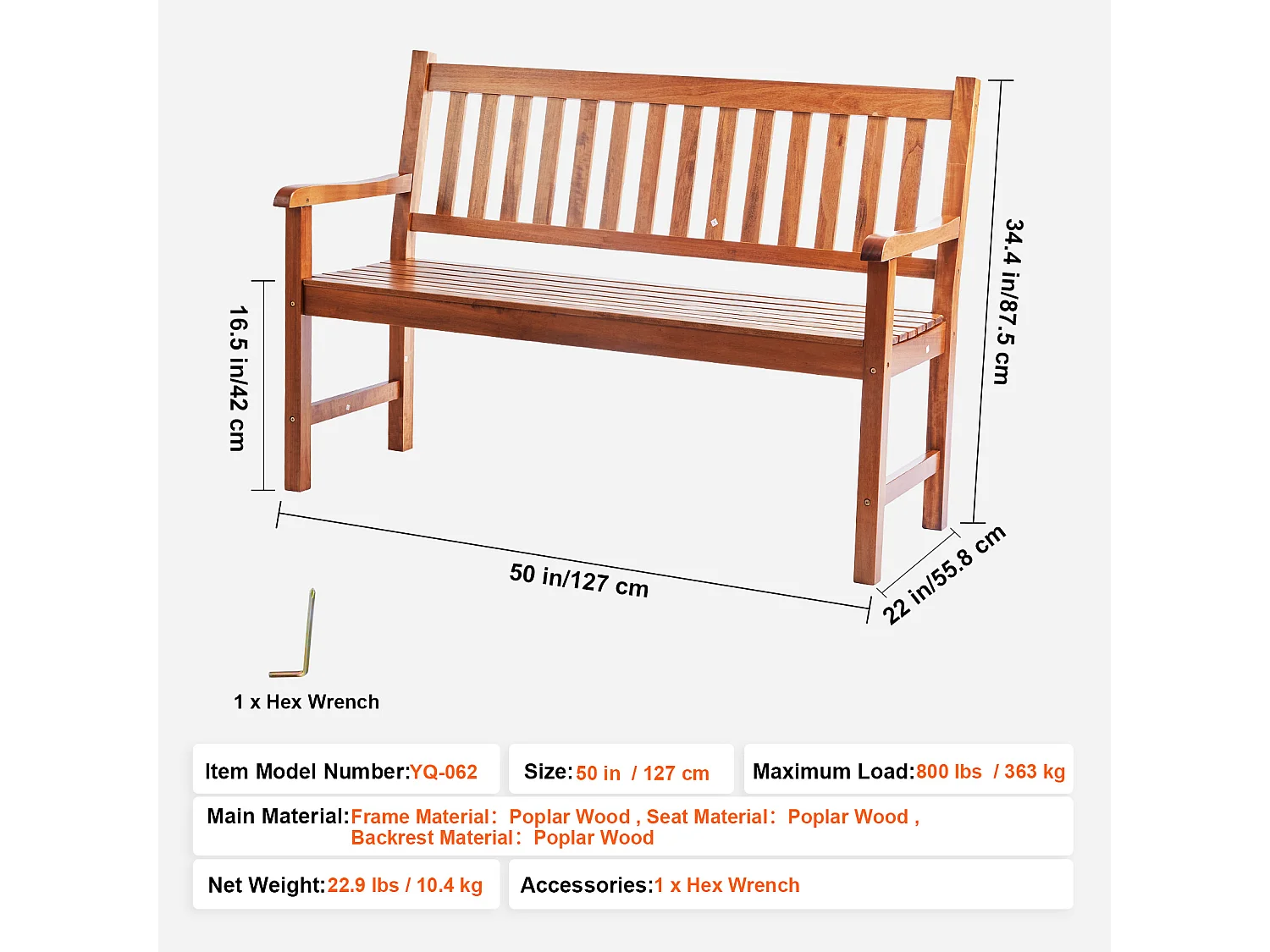 Banc Exterieur Jardin en Bois SucceBuy de 127cm, Capacité de Charge de 363 kg, Sièges d'Extérieur pour la Cour et la Véranda