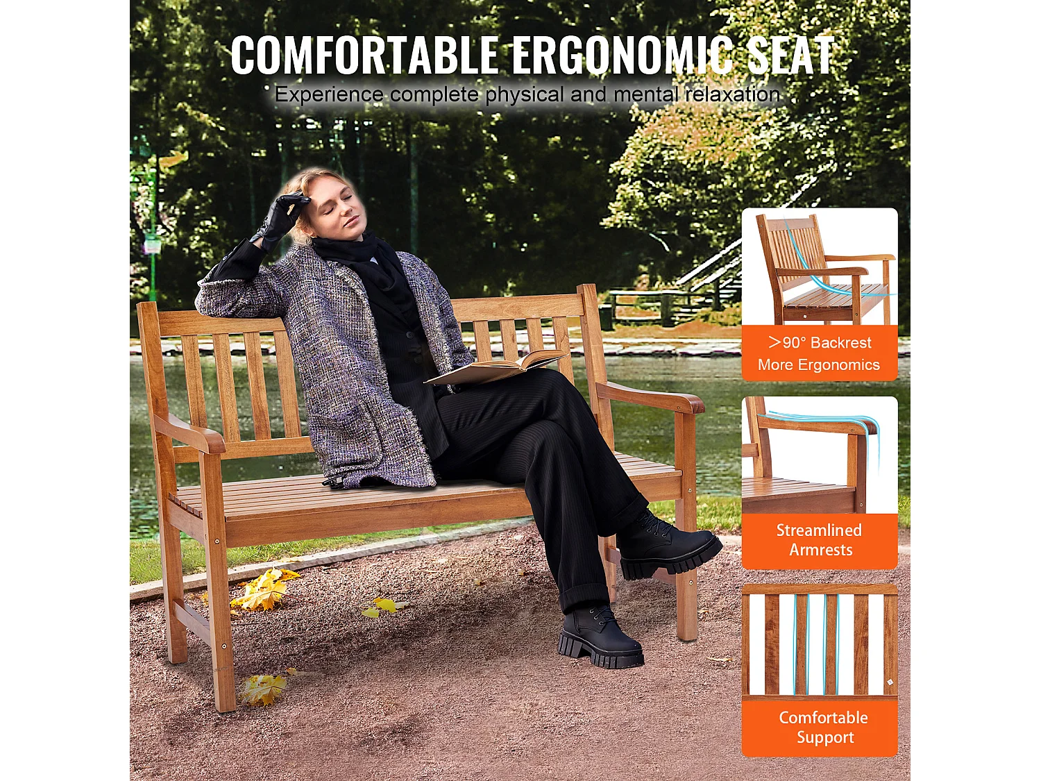 Banc Exterieur Jardin en Bois SucceBuy de 127cm, Capacité de Charge de 363 kg, Sièges d'Extérieur pour la Cour et la Véranda