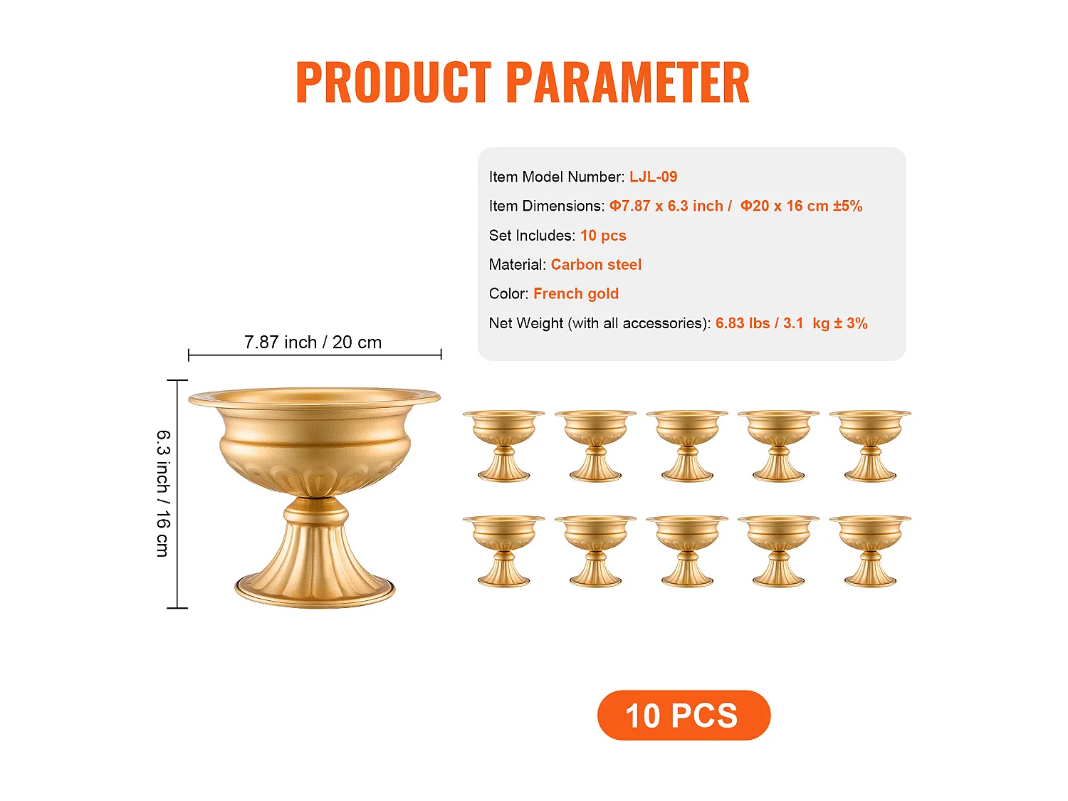 Vase SucceBuy Set von 10 Vasen von 16 Cm, Metall-Tischmitte, Goldfarben, Floral, Hochzeitsfeier, Metall/Gold