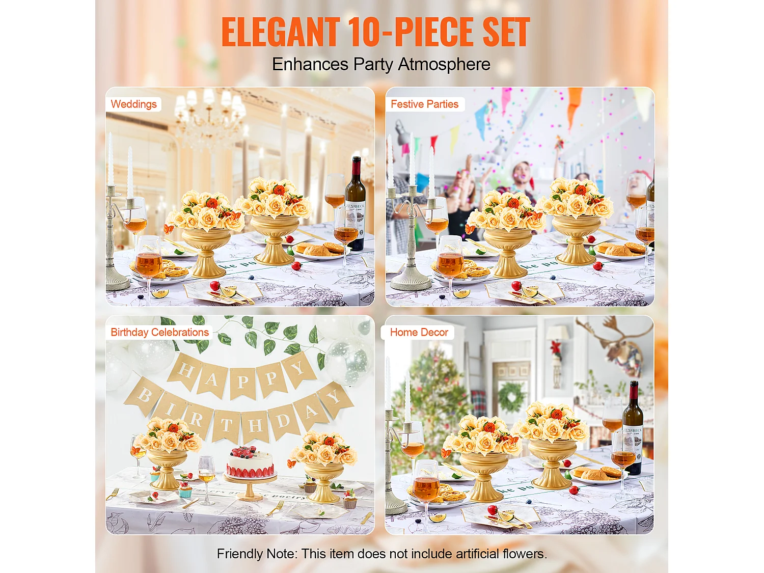 Vase SucceBuy Set von 10 Vasen von 16 Cm, Metall-Tischmitte, Goldfarben, Floral, Hochzeitsfeier, Metall/Gold