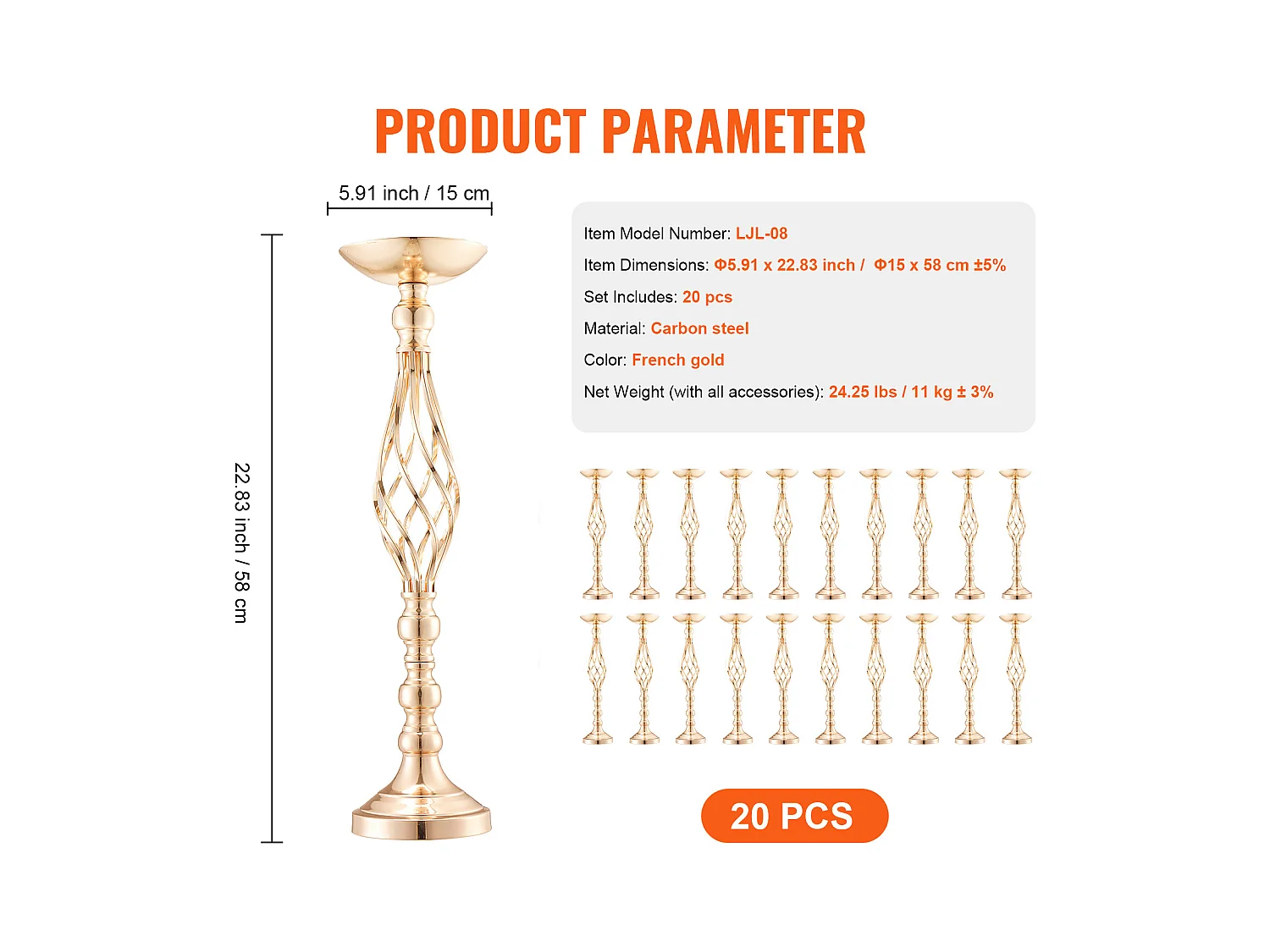 Vase Succebuy Lot de 20 Vases à Fleurs en Métal Doré pour Table de Mariage 58 Cm