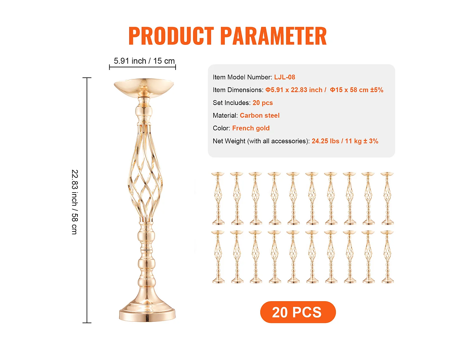 Vase Succebuy Lot de 20 Vases à Fleurs en Métal Doré pour Table de Mariage 58 Cm