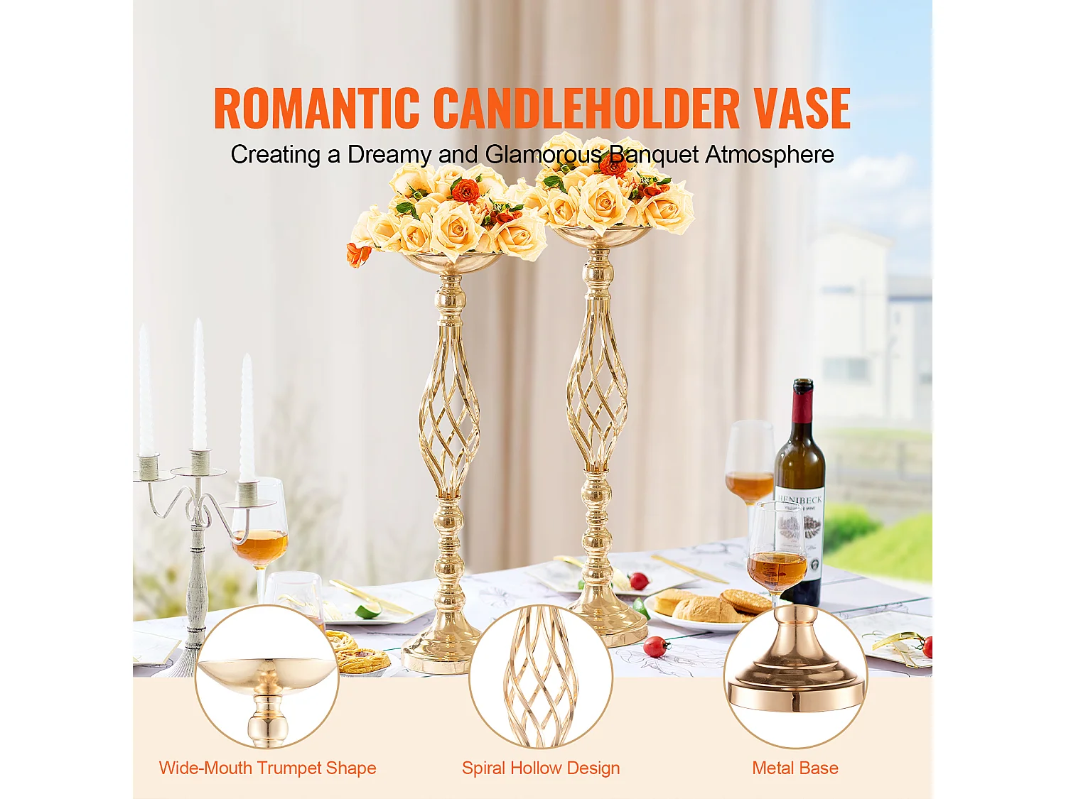 Vase Succebuy Lot de 20 Vases à Fleurs en Métal Doré pour Table de Mariage 58 Cm