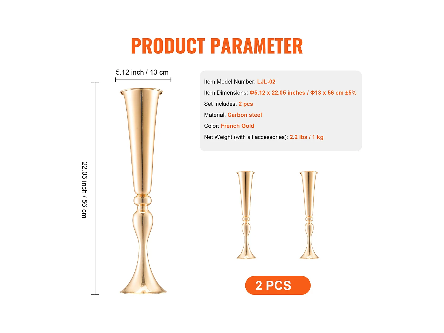 Vaas Succebuy 2PCS 56cm, Metaal-Trompet, Goud, Floral, Feest, Metaal/Goud