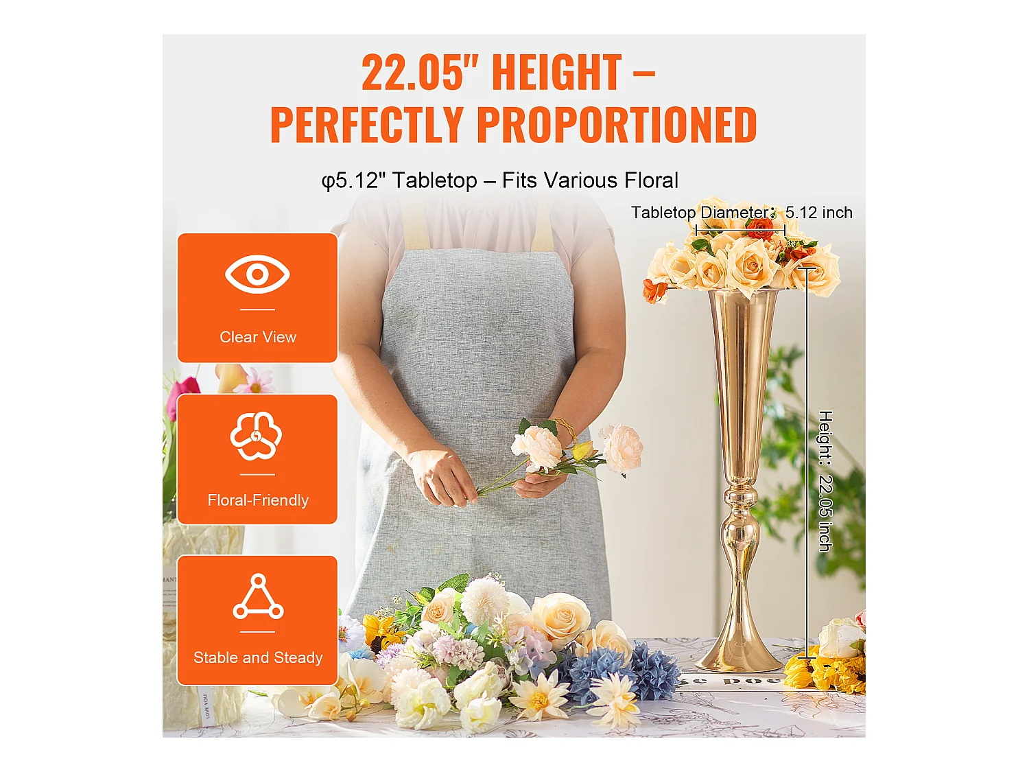 Vaas Succebuy 2PCS 56cm, Metaal-Trompet, Goud, Floral, Feest, Metaal/Goud