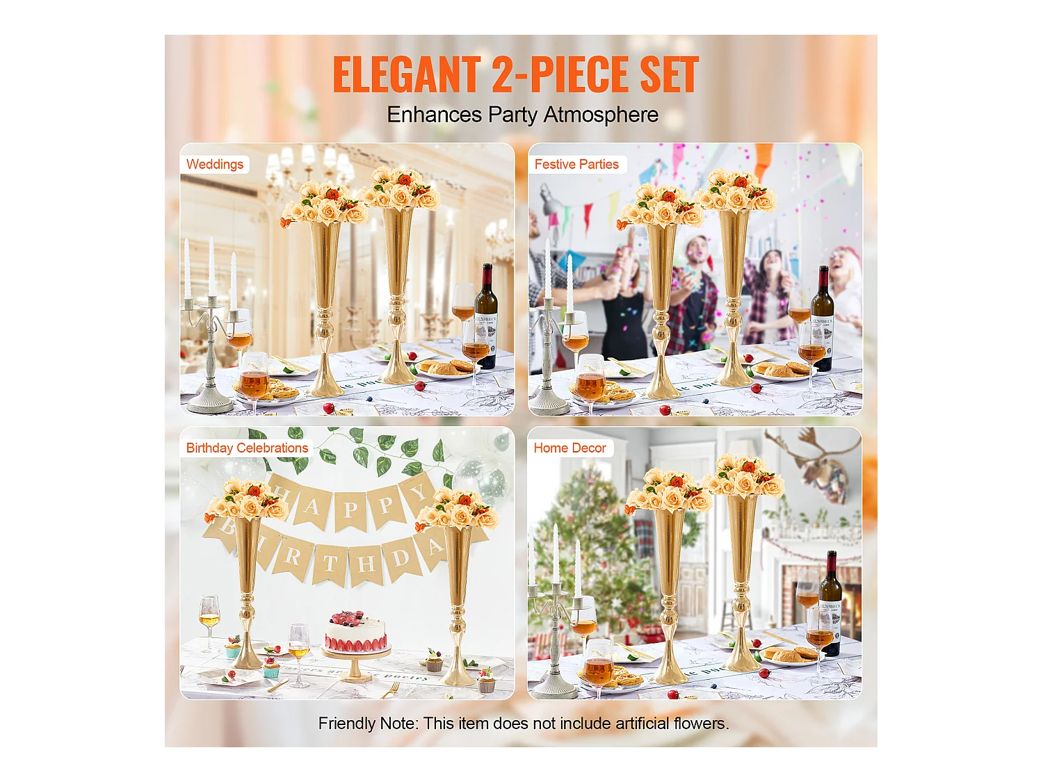 Vaas Succebuy 2PCS 56cm, Metaal-Trompet, Goud, Floral, Feest, Metaal/Goud