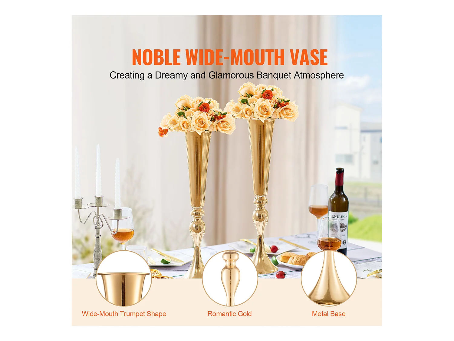 Vase Succebuy 2PCS 56cm, Trompette en Métal, Or, Floral, Fête, Métal/Or