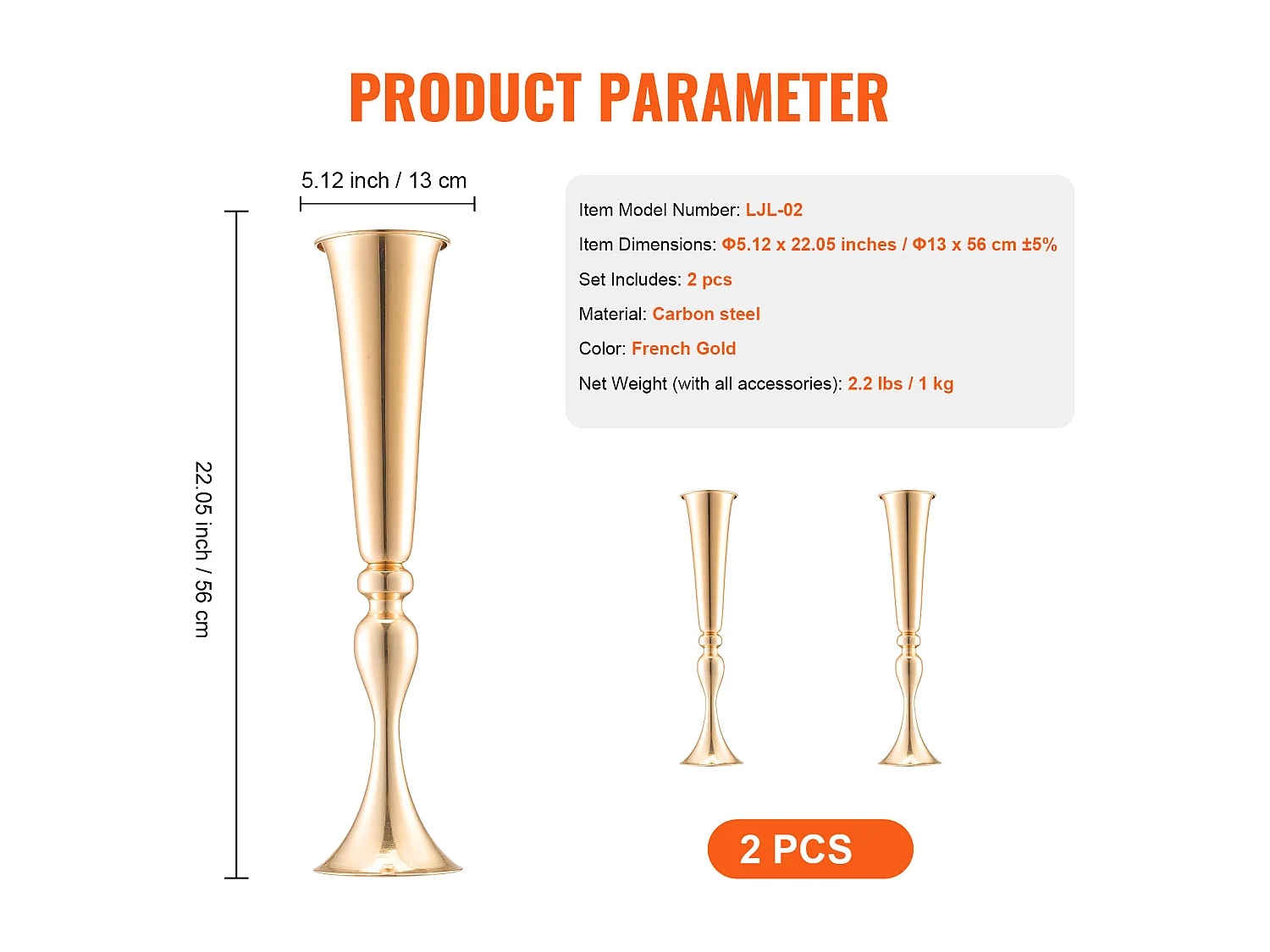 Vase Succebuy 2PCS 56cm, Trompette en Métal, Or, Floral, Fête, Métal/Or