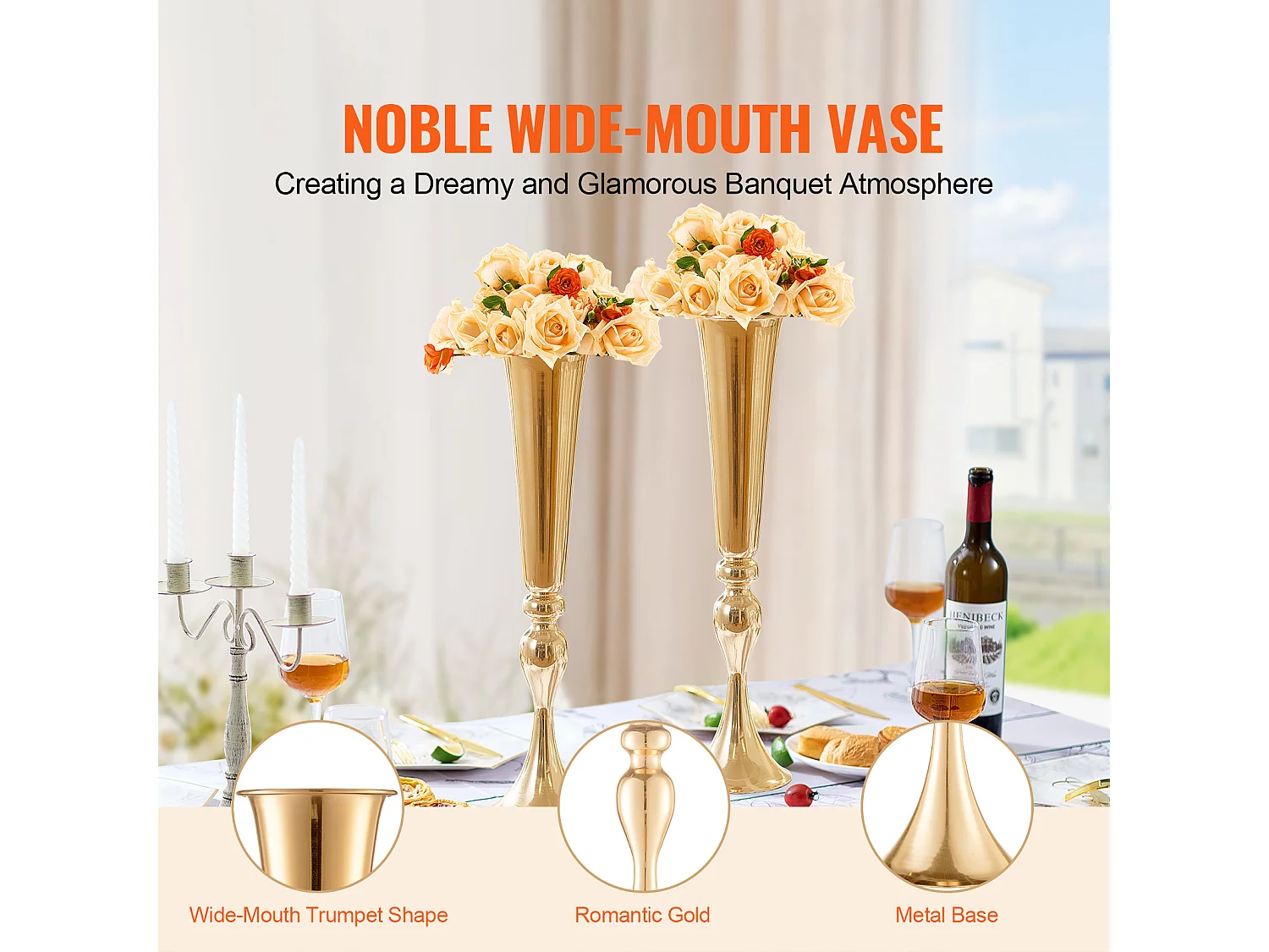 Vase Succebuy 2PCS 56cm, Trompette en Métal, Or, Floral, Fête, Métal/Or