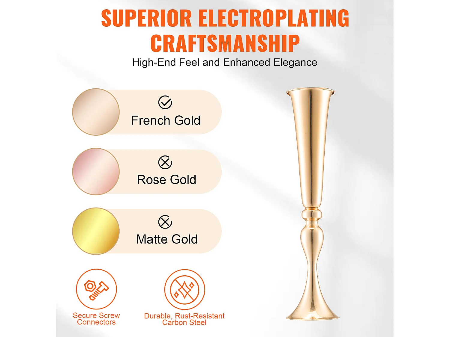 Vase Succebuy 2PCS 56cm, Trompette en Métal, Or, Floral, Fête, Métal/Or