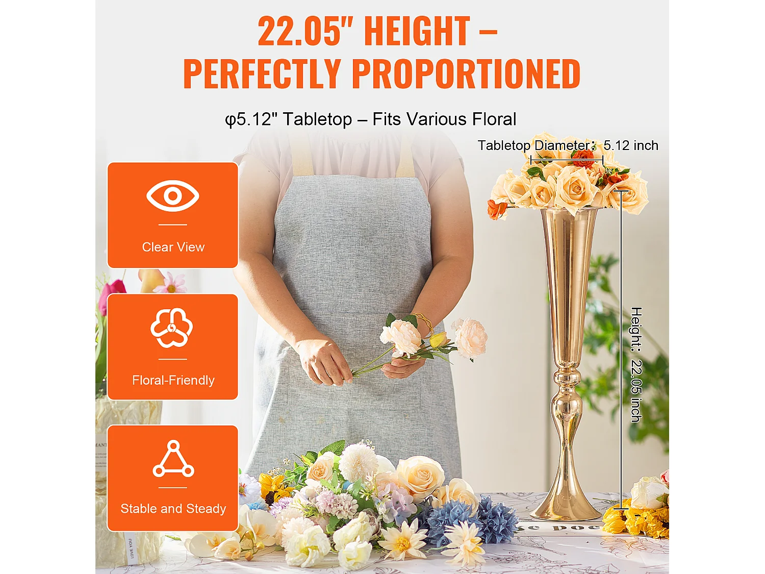 Vase Succebuy 2PCS 56cm, Trompette en Métal, Or, Floral, Fête, Métal/Or