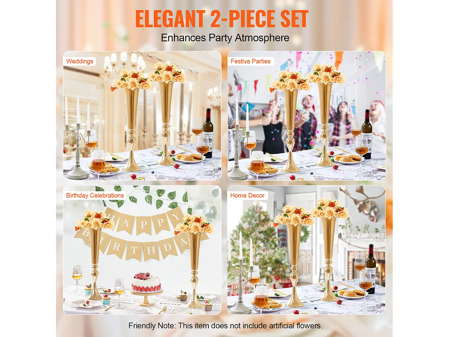 Vase Succebuy 2PCS 56cm, Trompette en Métal, Or, Floral, Fête, Métal/Or