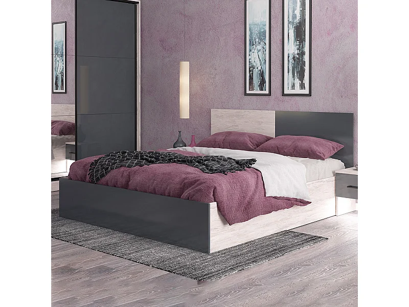 Letto matrimoniale contenitore 160x200 cm rovere bianco e grigio lucido LG46
