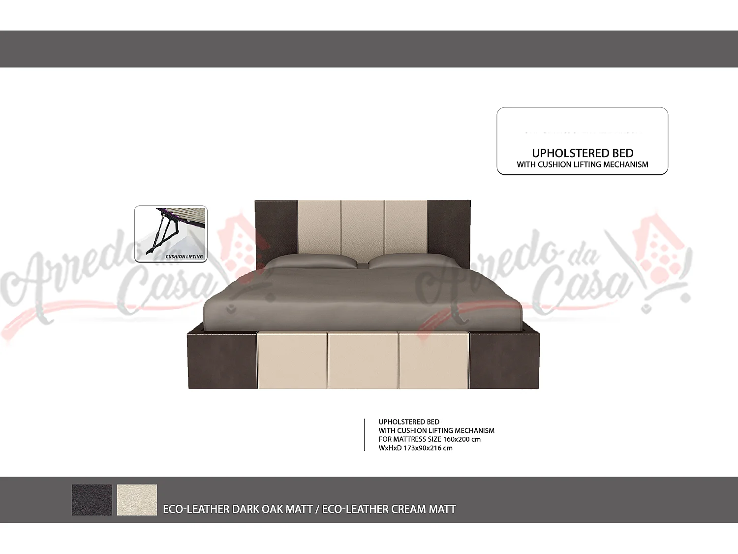 Letto in ecopelle con contenitore e sistema di sollevamento 200x160 rovere scuro opaco e crema opaco LG1