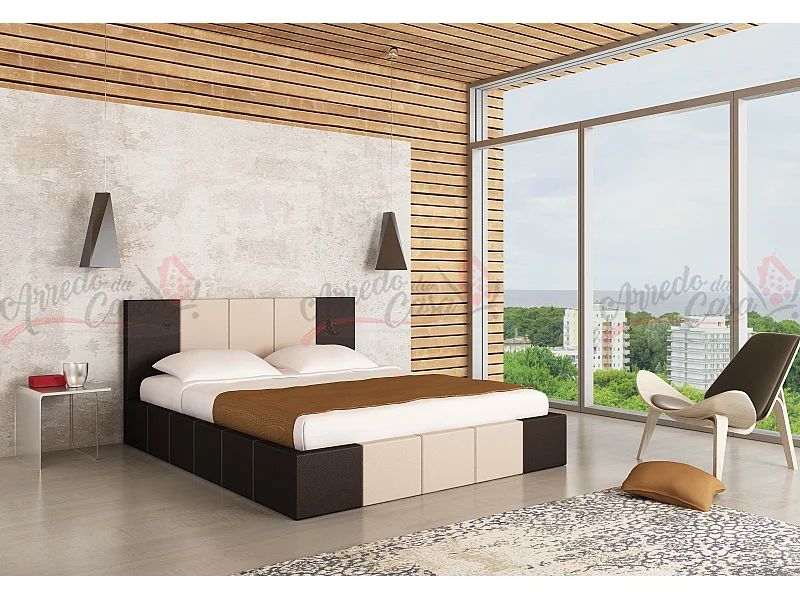 Letto in ecopelle con contenitore e sistema di sollevamento 200x160 rovere scuro opaco e crema opaco LG1