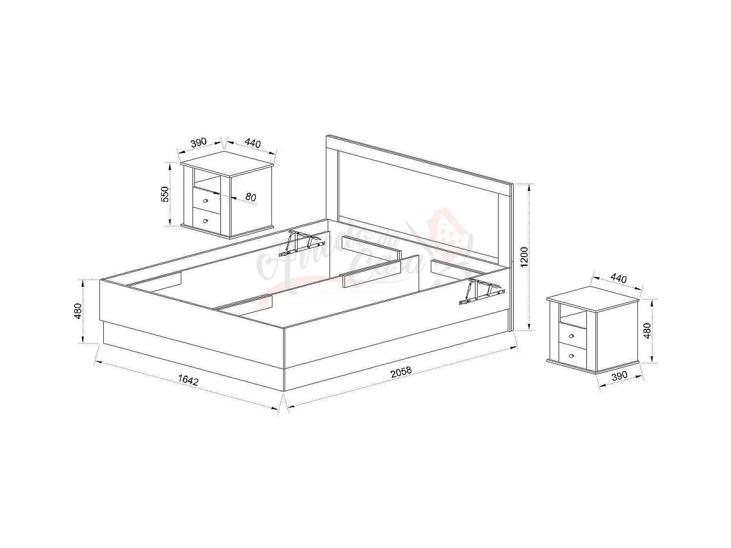Letto matrimoniale con contenitore e comodini a due cassetti 200x160 rovere sonoma LI7031