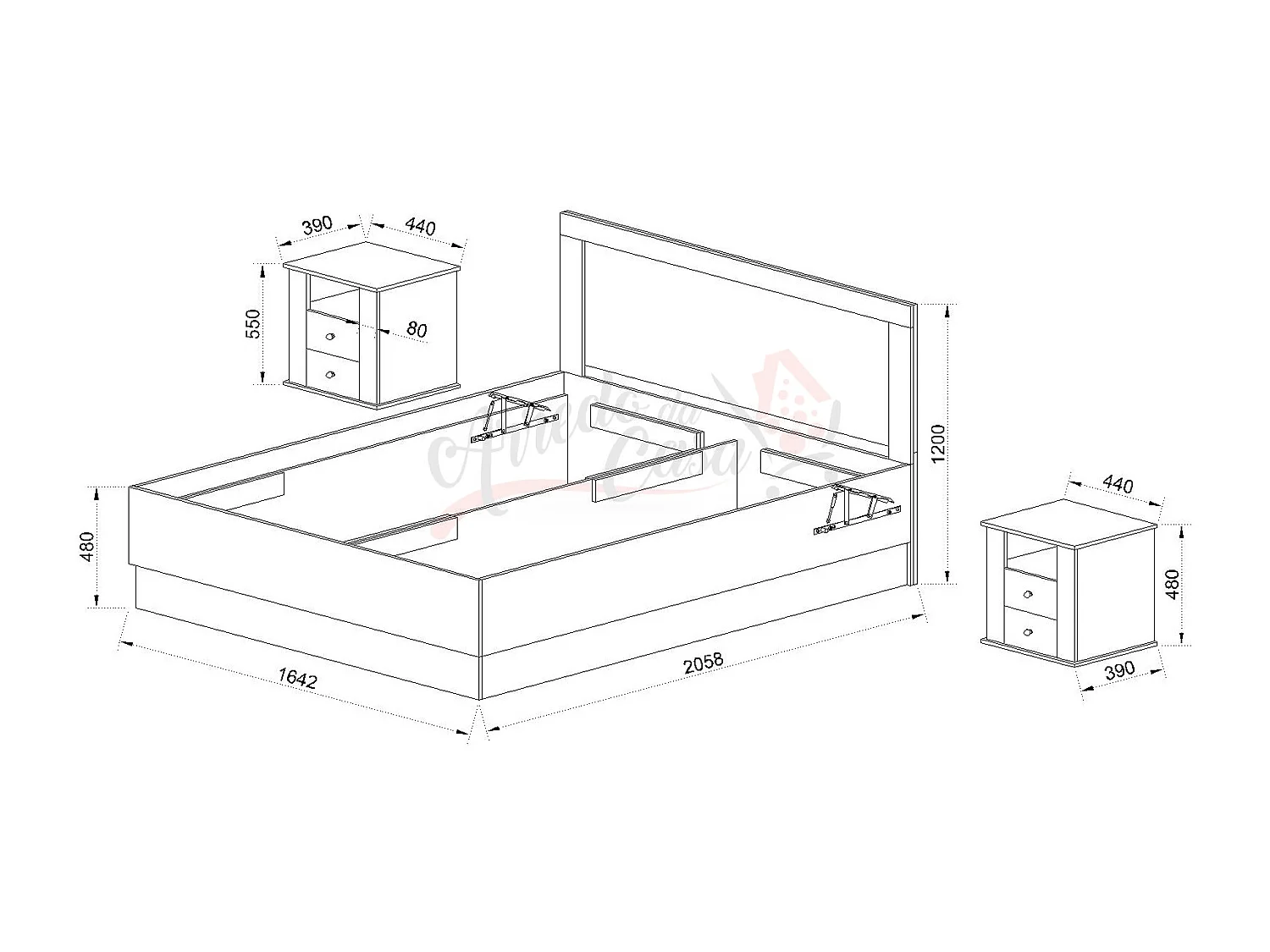 Letto matrimoniale con contenitore e comodini a due cassetti 200x160 rovere sonoma LI7031