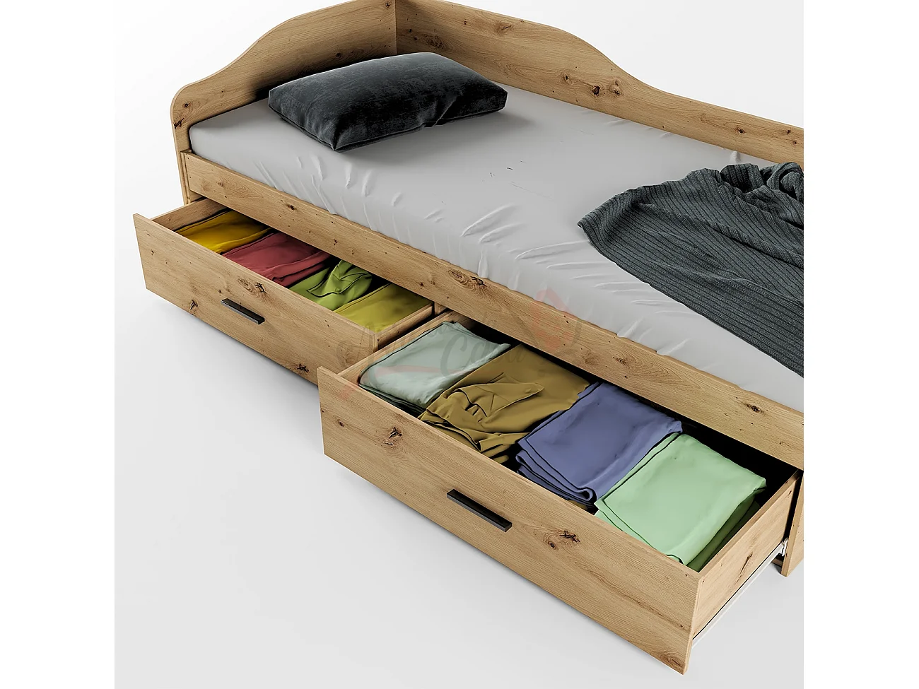 Letto singolo una piazza ad angolo con due cassetti moderno 200x90 rovere LI11