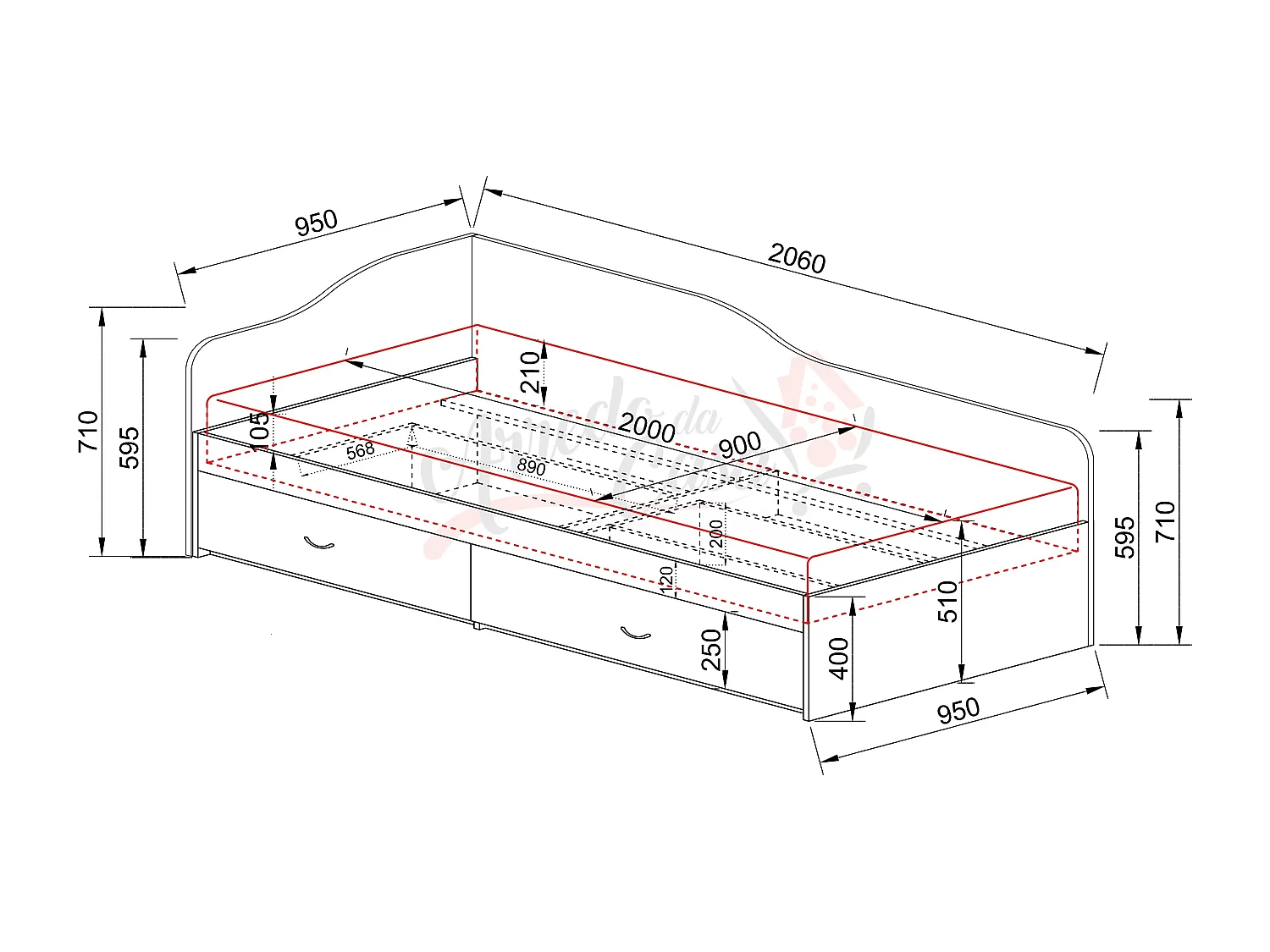 Letto singolo una piazza ad angolo con due cassetti moderno 200x90 rovere LI11