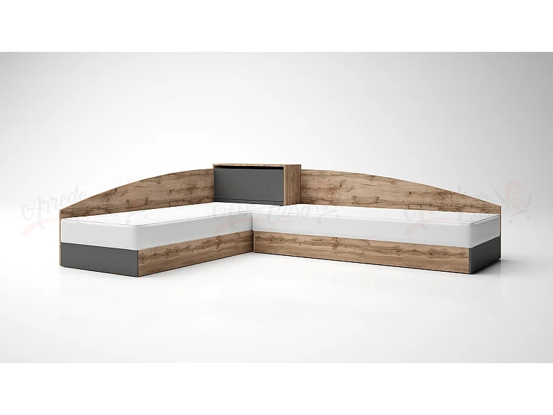 Doppio letto singolo con contenitore e struttura ad angolo 82x190 rovere e antracite LG8