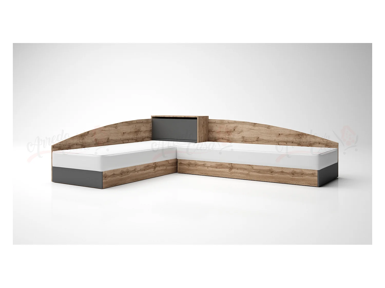 Doppio letto singolo con contenitore e struttura ad angolo 82x190 rovere e antracite LG8