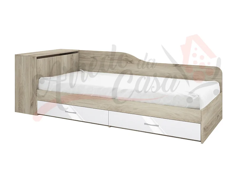 Letto singolo una piazza con contenitore e due cassettoni 228x71 rovere e bianco lucido LI2005