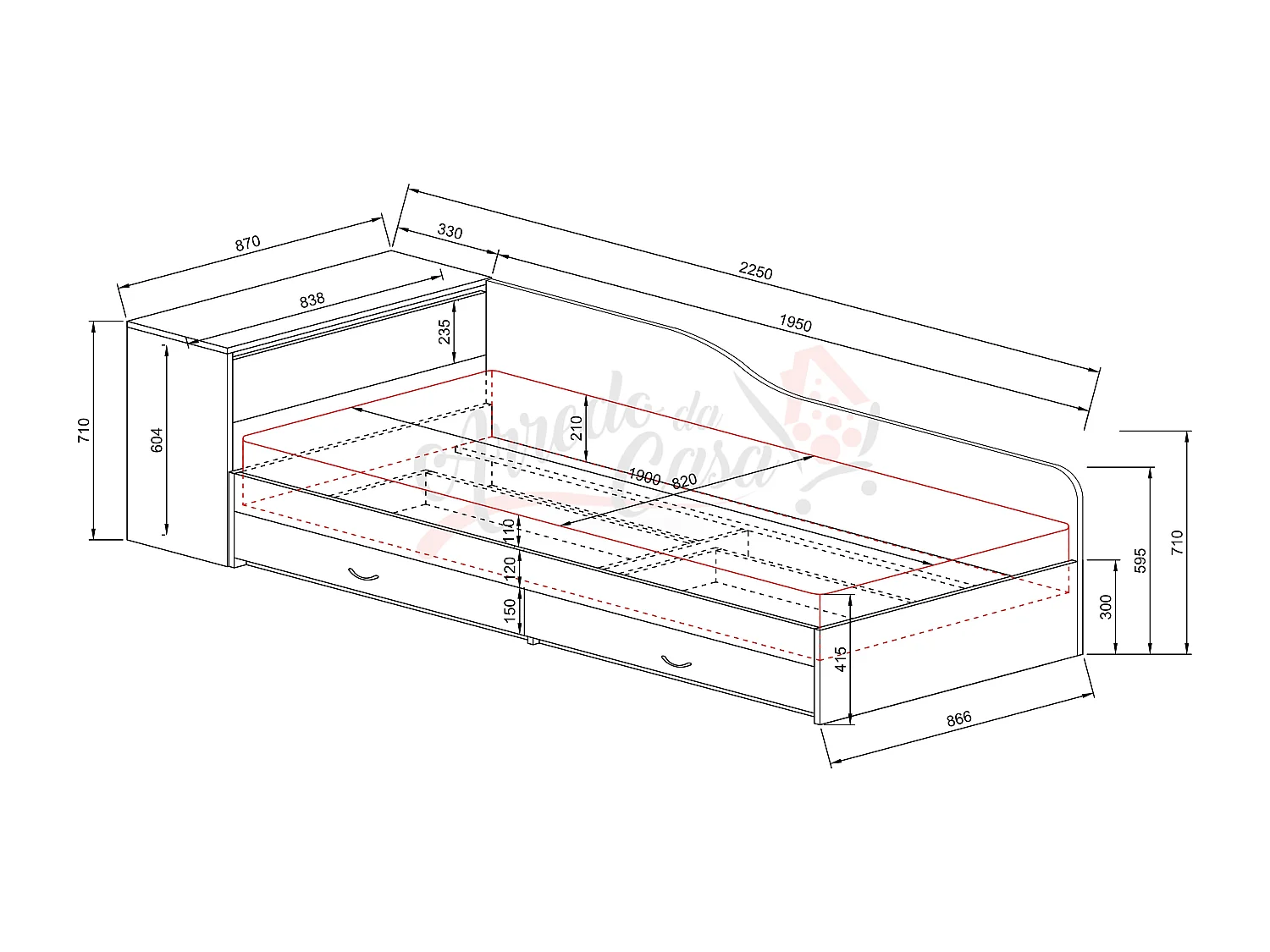 Letto singolo una piazza con contenitore e due cassettoni 228x71 rovere chiaro LI2005