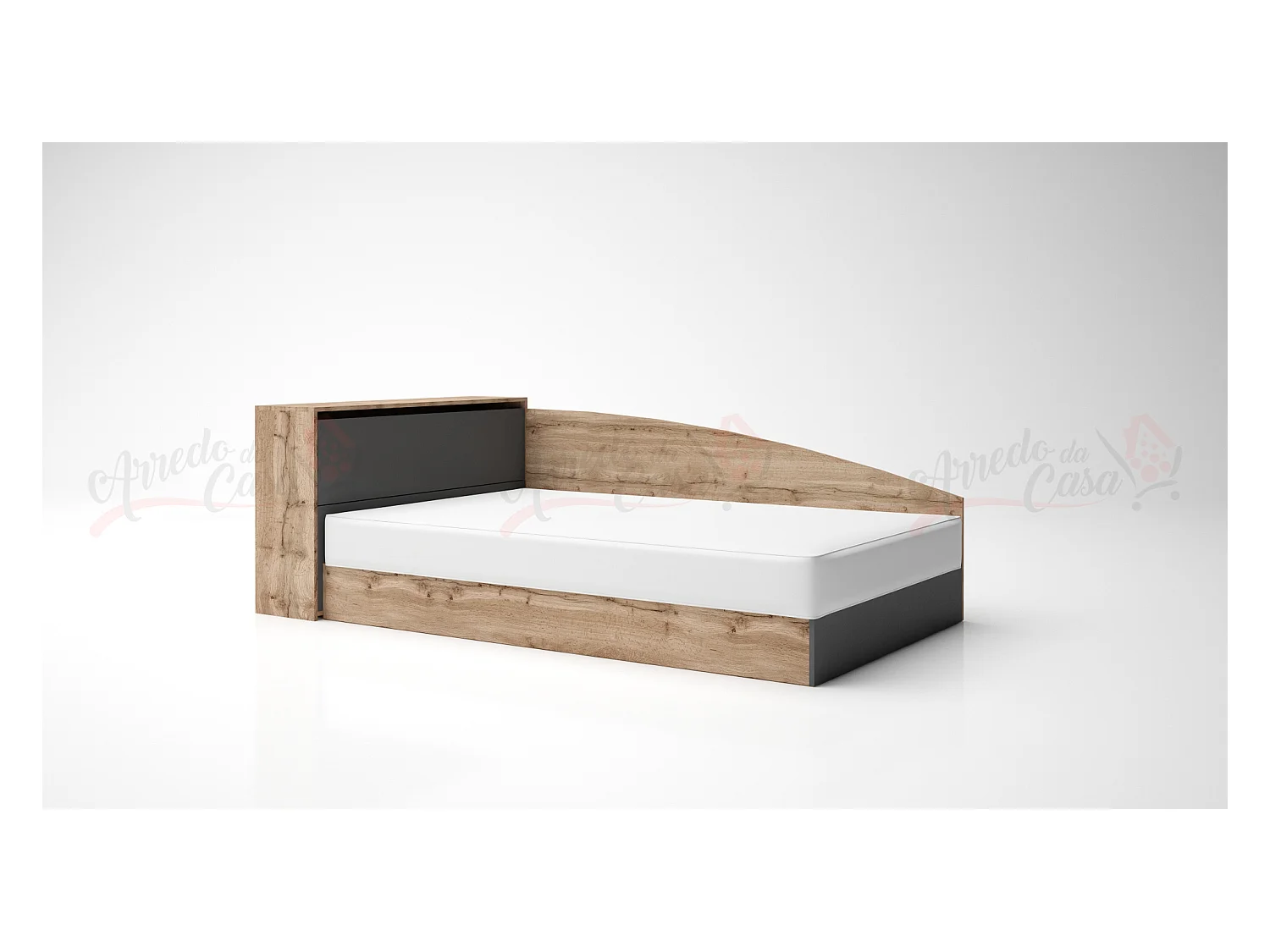 Letto angolare a una piazza e mezza con vano contenitore 190x75 rovere e antracite LG9