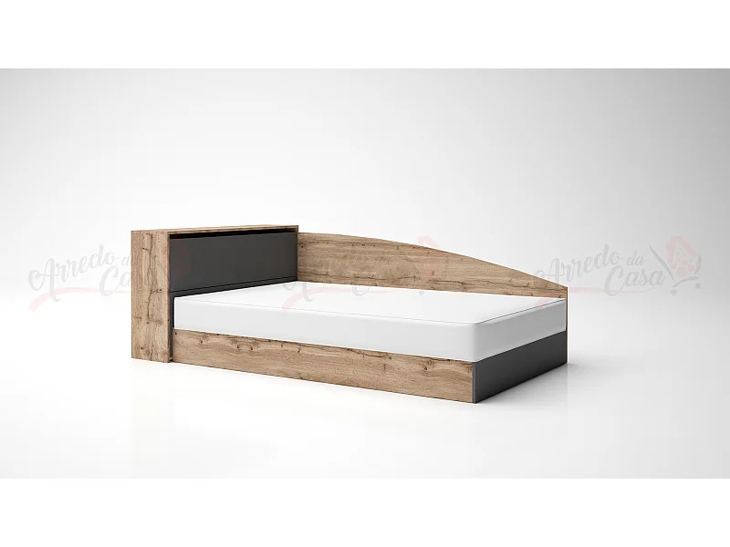 Letto angolare a una piazza e mezza con vano contenitore 190x75 rovere e antracite LG9