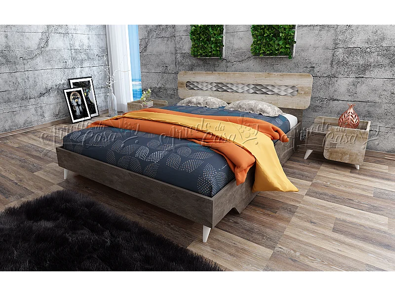 Letto matrimoniale moderno con testiera in legno e comodini 200x160 larice e beton LU1