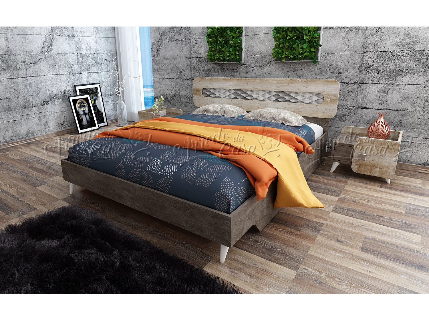 Letto matrimoniale moderno con testiera in legno e comodini 200x160 larice e beton LU1