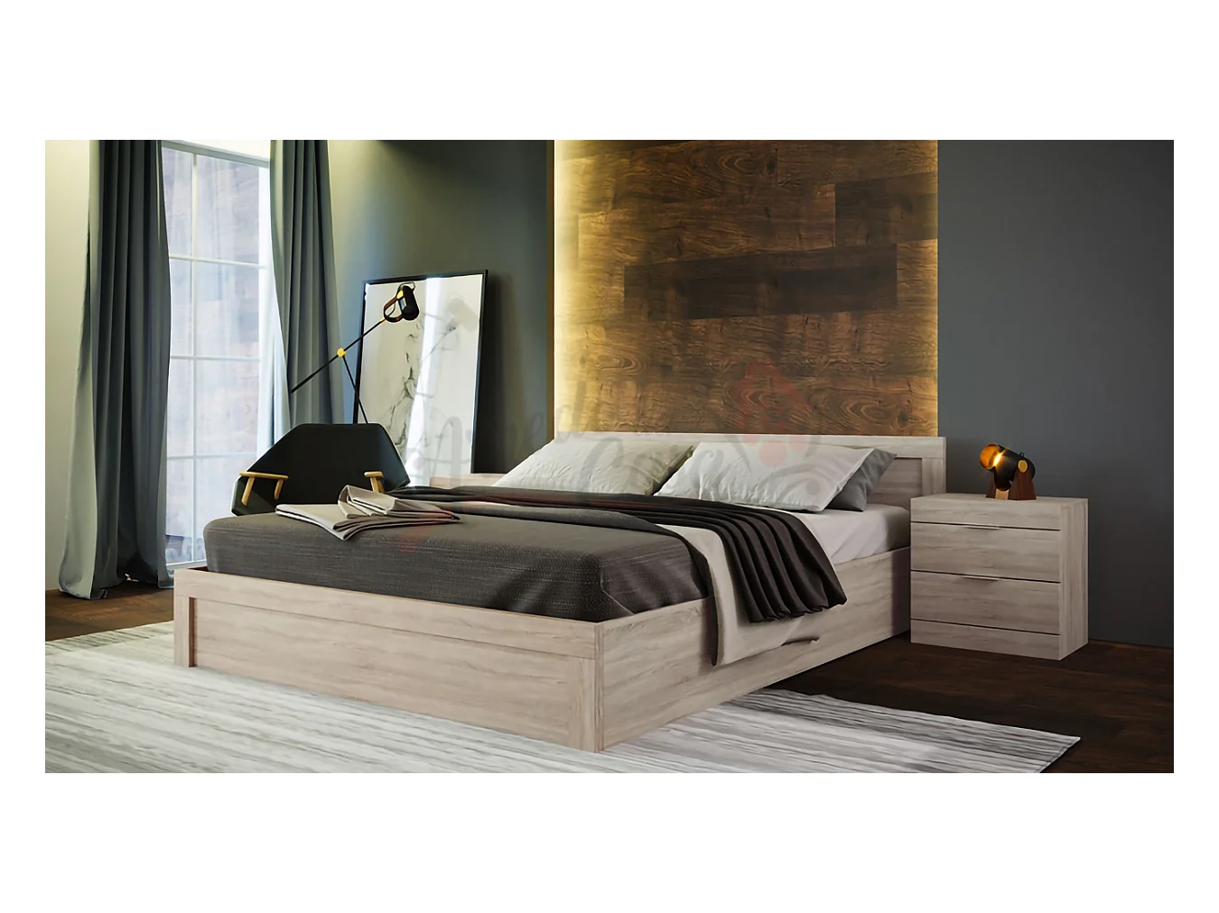 Letto matrimoniale moderno con comodini a due cassetti 200x160 rovere sonoma LI1