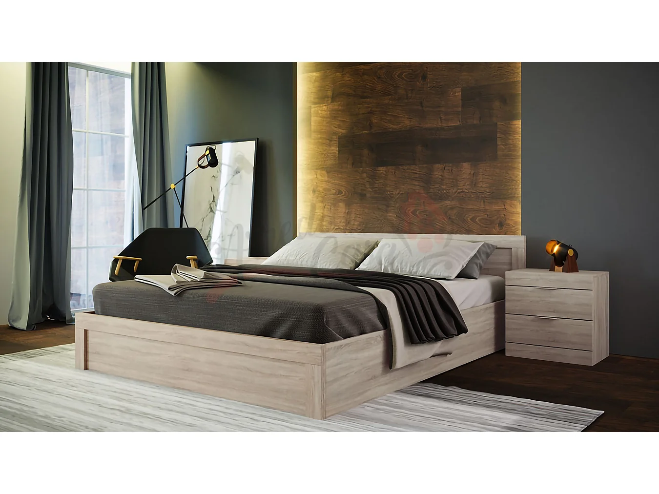 Letto matrimoniale moderno con comodini a due cassetti 200x160 rovere sonoma LI1