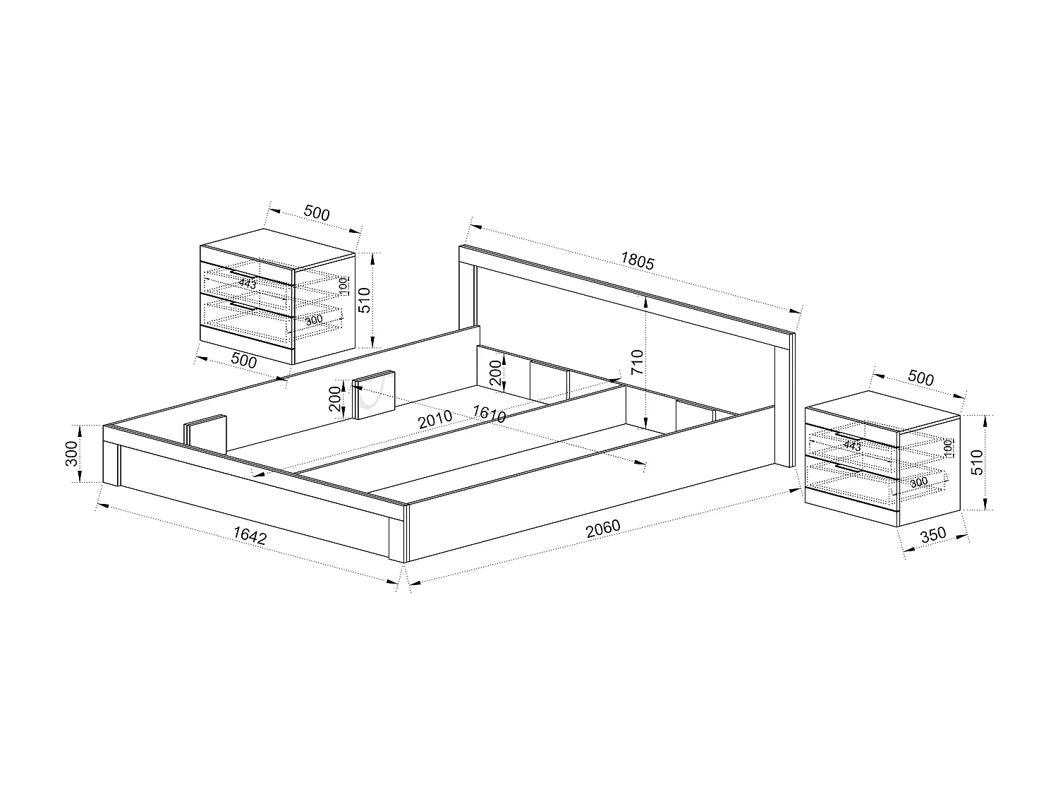 Letto matrimoniale moderno con comodini a due cassetti 200x160 rovere sonoma LI1