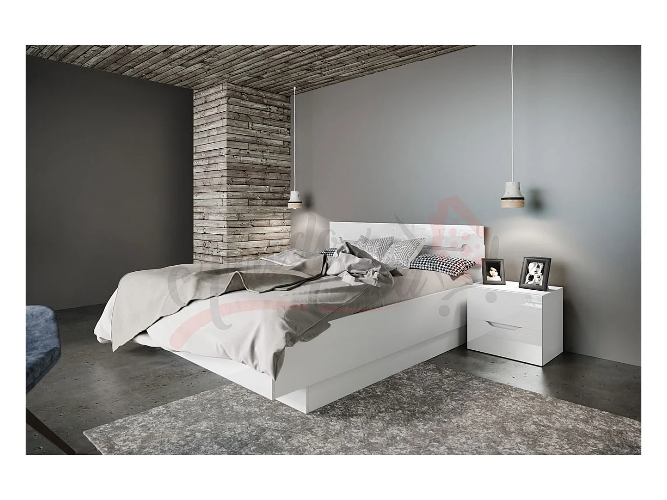 Letto matrimoniale stile moderno con due comodini 200x160 bianco liscio e rovere LI7