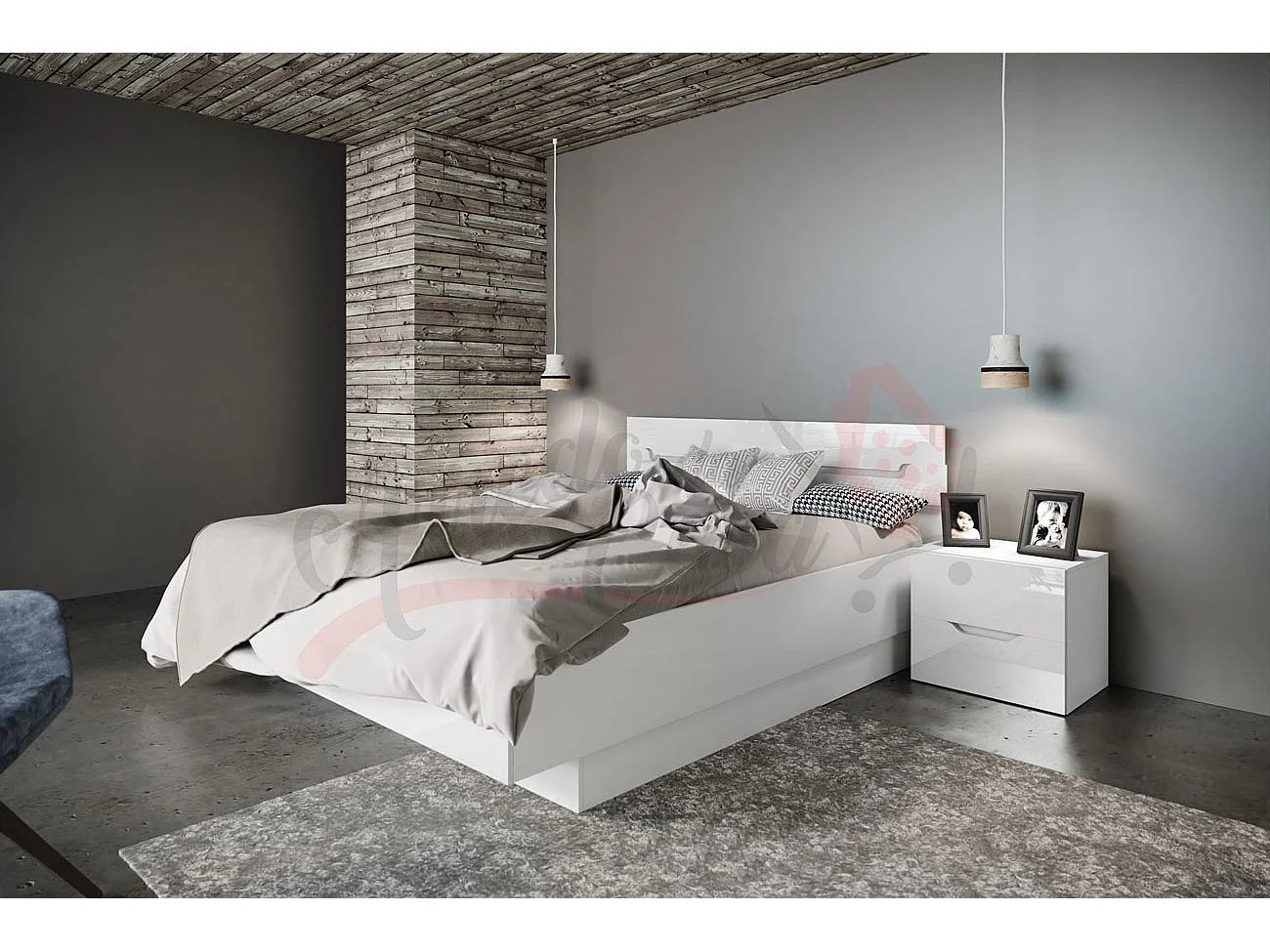 Letto matrimoniale stile moderno con due comodini 200x160 bianco liscio e rovere LI7