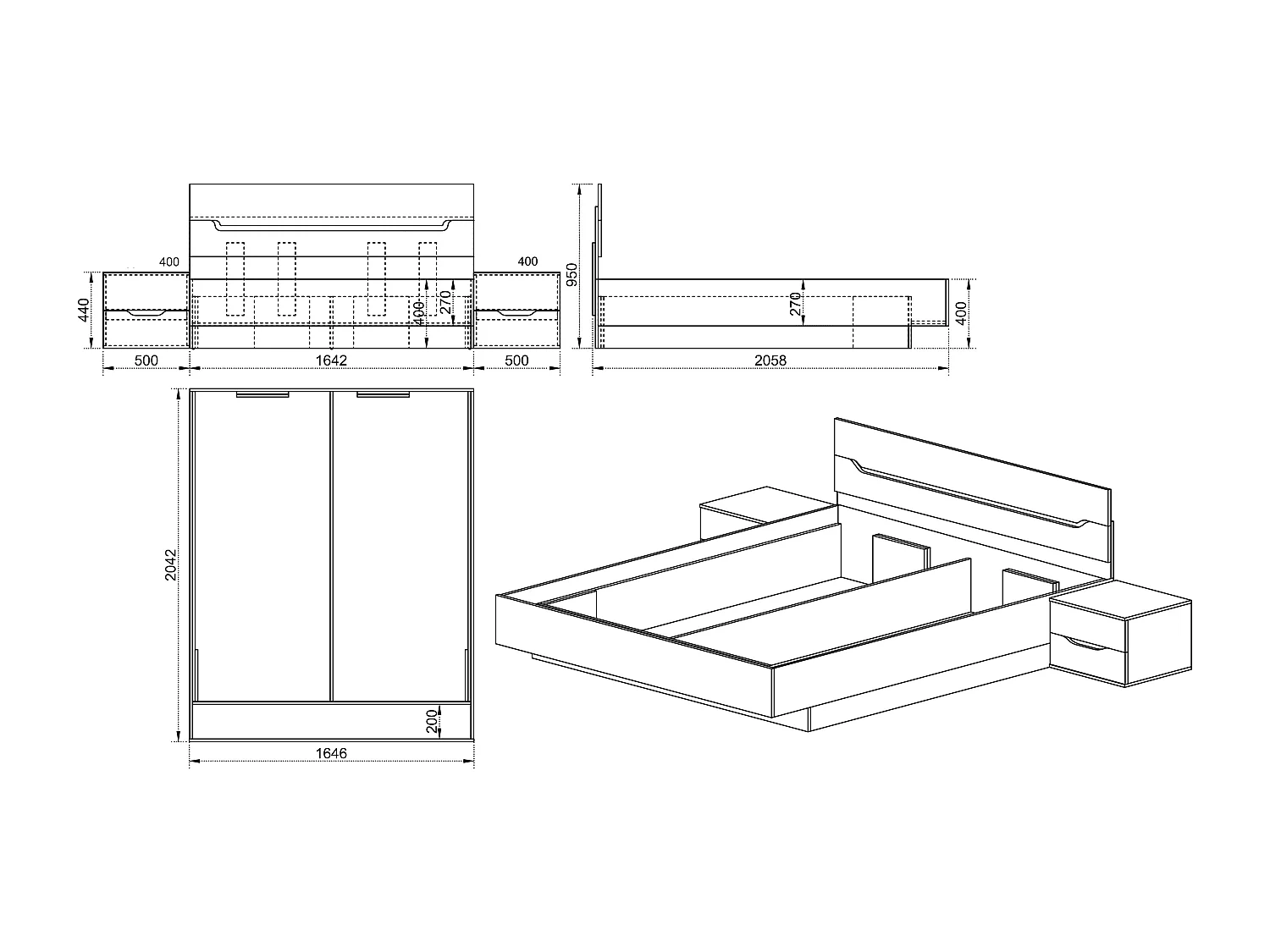 Letto matrimoniale stile moderno con due comodini 200x160 bianco liscio e rovere LI7