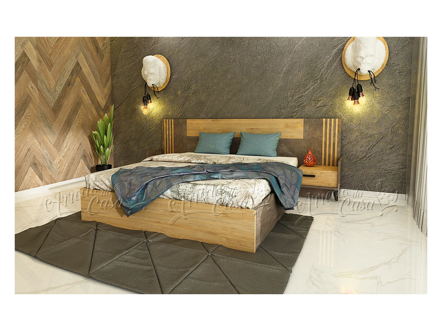 Letto matrimoniale con contenitore e due comodini200x160 cemento e quercia dorato LU38