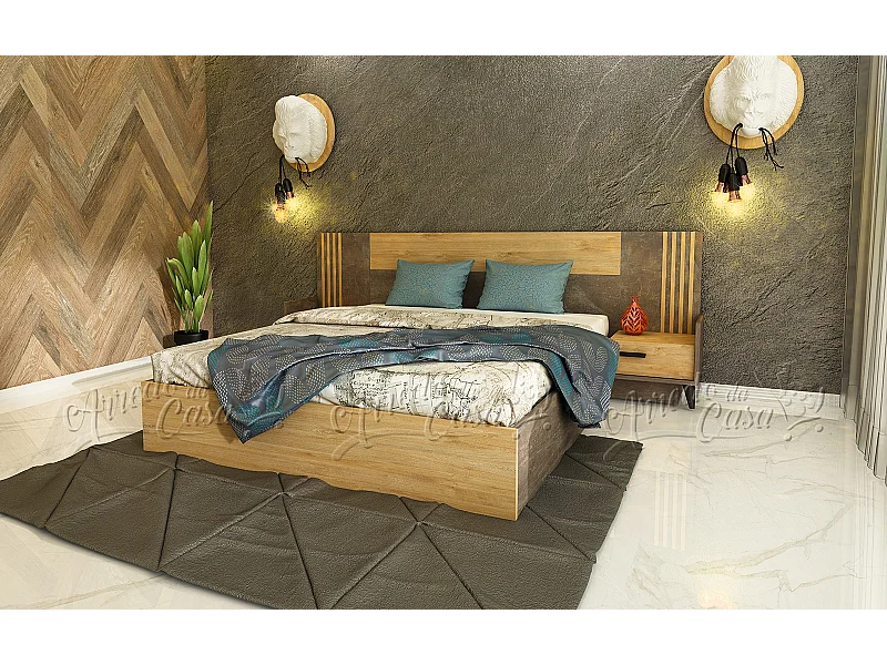 Letto matrimoniale con contenitore e due comodini200x160 cemento e quercia dorato LU38