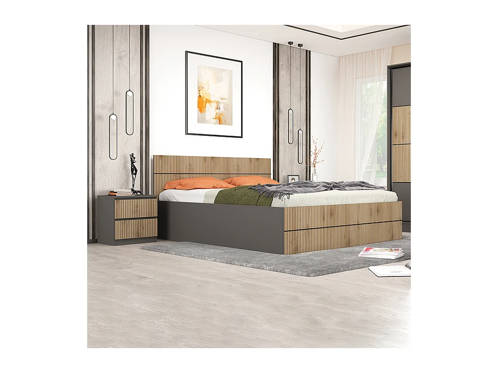 Letto matrimoniale contenitore moderno 160x200 cm in rovere cannettato e grafite LG75