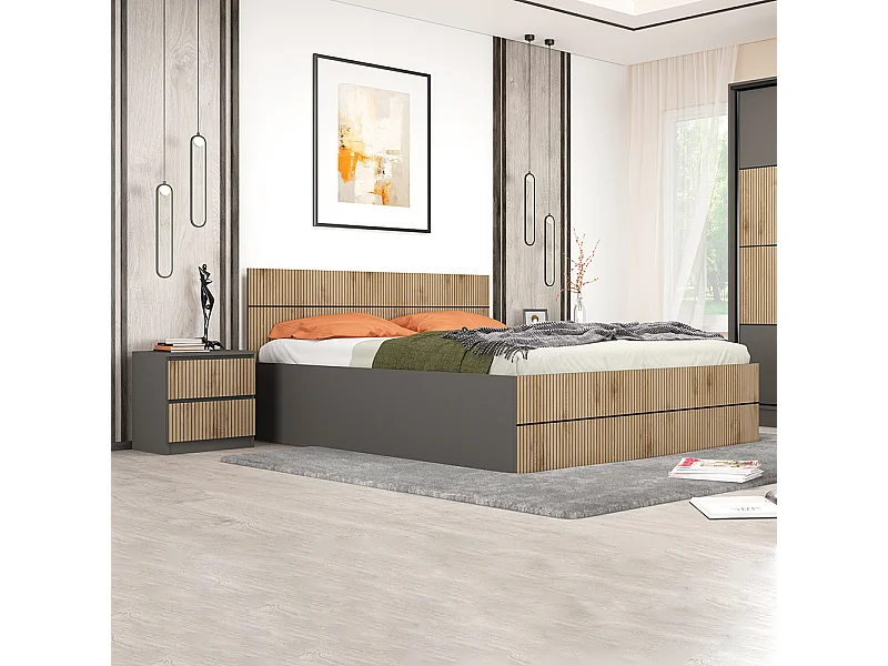 Letto matrimoniale contenitore moderno 160x200 cm in rovere cannettato e grafite LG75