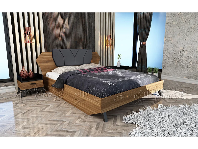 Letto matrimoniale contenitore design moderno con due comodini 200x160 nero e castagno naturale LU2